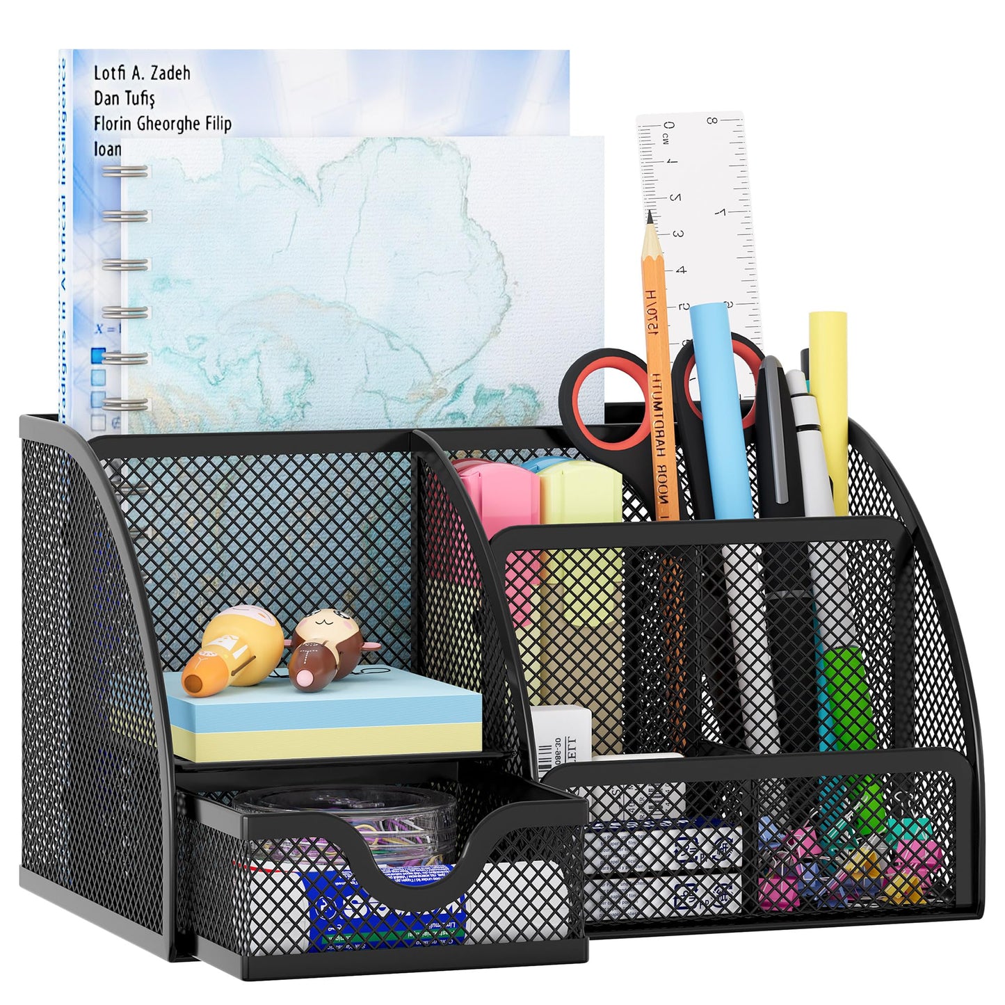 Mesh desk organizer with drawer and six compartments