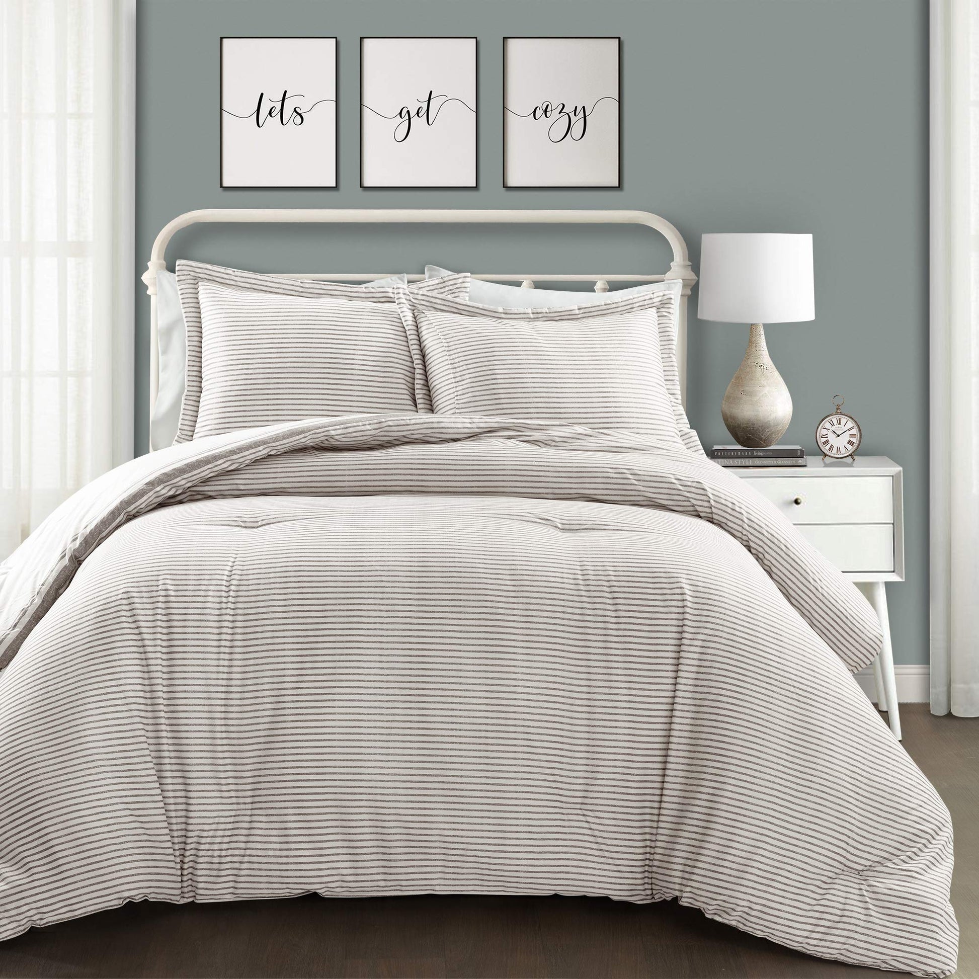  Gray Comforter Farmhouse Stripe 3 Piece Reversible Bedding Set, King