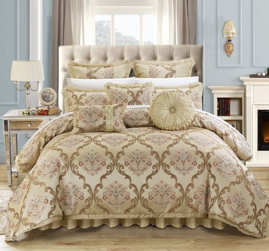 9 Piece Aubrey Decorator Upholstery Comforter Set and Pillows Ensemble, Queen, Beige