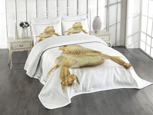 Bearded Dragon Bedspread, Camouflaging Lizard Wild Tropical Animal Reptilian Photo Print, Decorative Quilted 3 Piece Coverlet Set with 2 Pillow Shams, Queen Size, White Pale Khaki