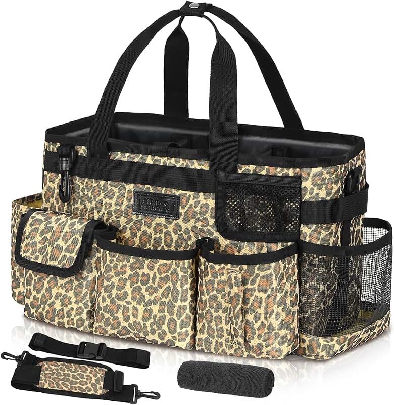 Small leopard storage caddy with handle and straps