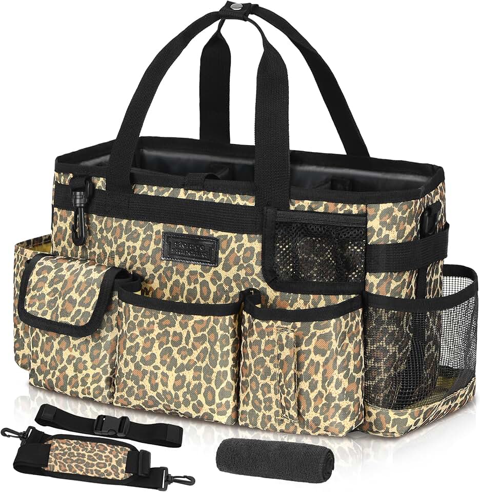 Small leopard storage caddy with handle and straps