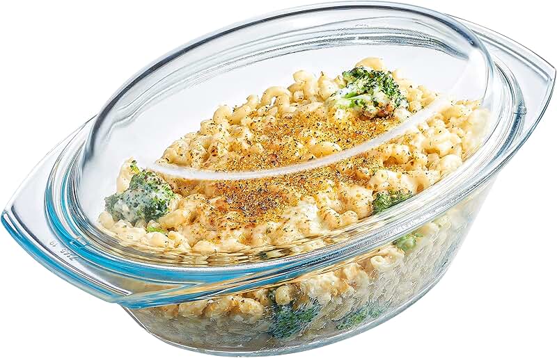 Clear glass oval casserole dish with lid and handles, 2.5 quart