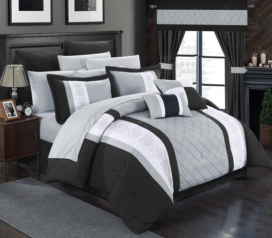 24 Piece Danielle Complete Pintuck Embroidery Color Block Bedding, Queen, Black