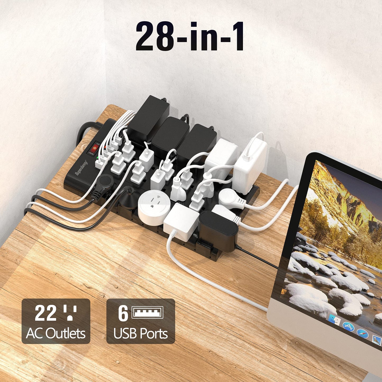 Power Strip, Surge Protector with 22 AC Outlets and 6 USB Charging Ports, 1875W/15A, 2100 Joules, 6.5Ft Flat Plug Heavy Duty Extension Cord for Home, Office, Dorm, Gaming Room, Black