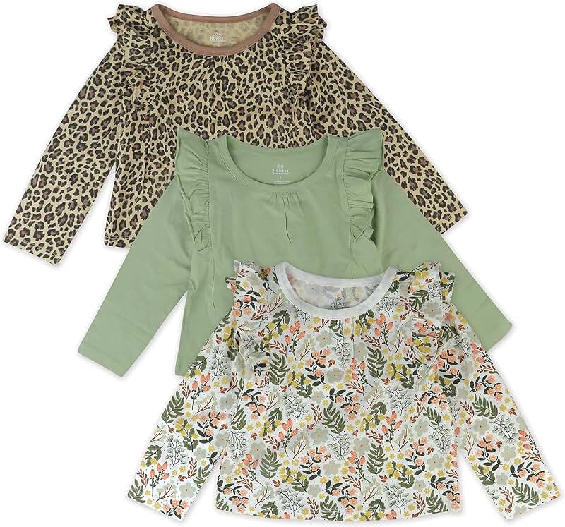 Three Organic Cotton Ruffle Long Sleeve T-Shirts for Toddlers