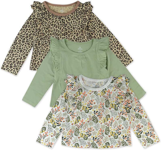 Three Organic Cotton Ruffle Long Sleeve T-Shirts for Toddlers