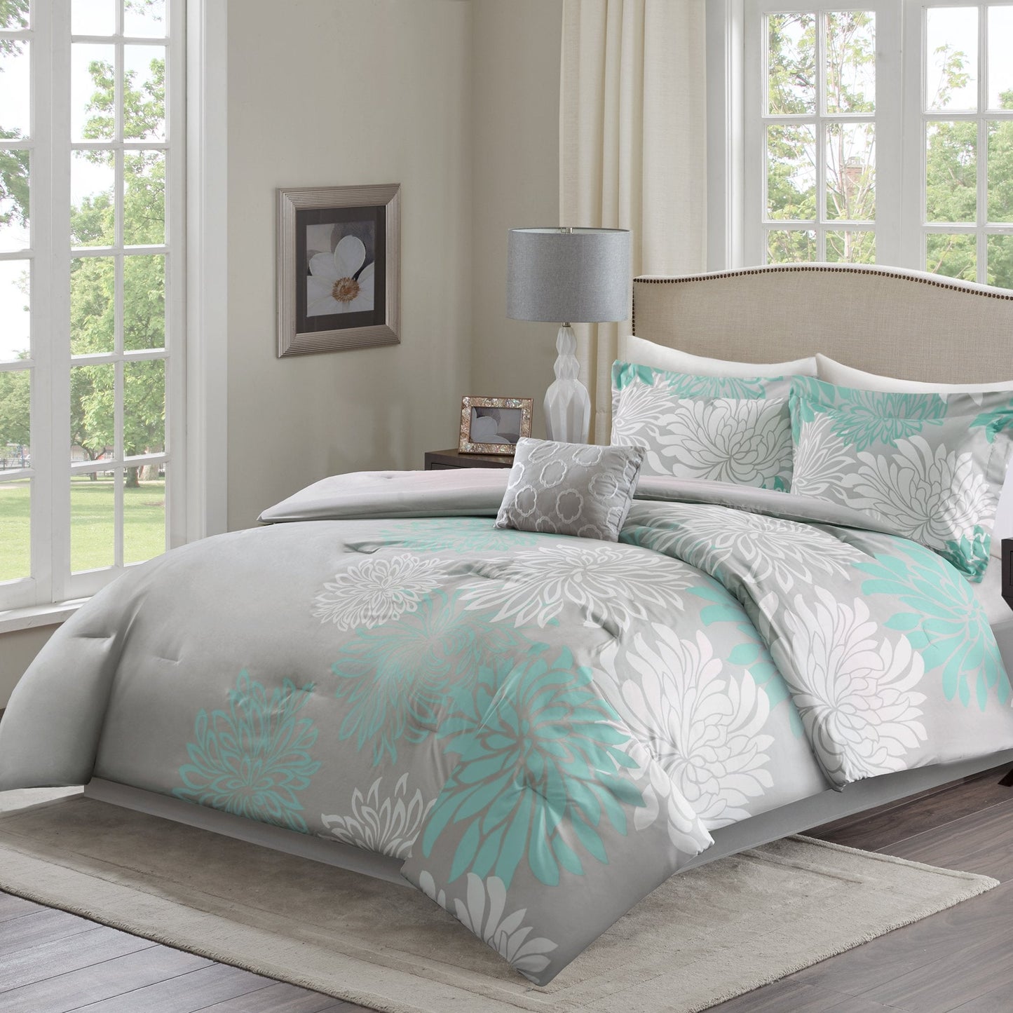 Enya Comforter Set-Modern Floral Design All Season Down Alternative Bedding, Matching Shams, Bedskirt, Decorative Pillows, Queen(90"x90"), Aqua