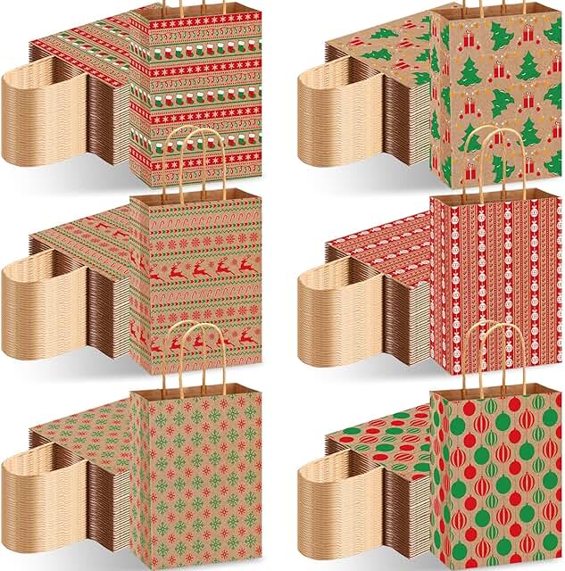 120 Christmas Kraft Gift Bags with Handles