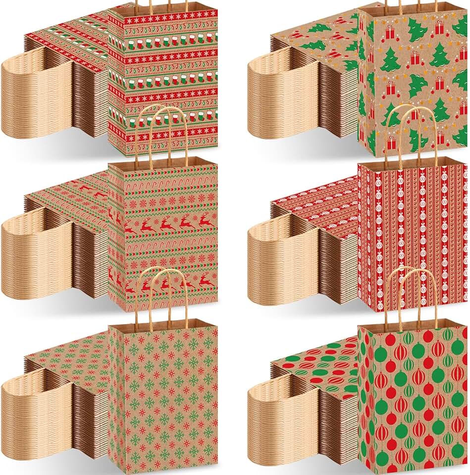 120 Christmas Kraft Gift Bags with Handles