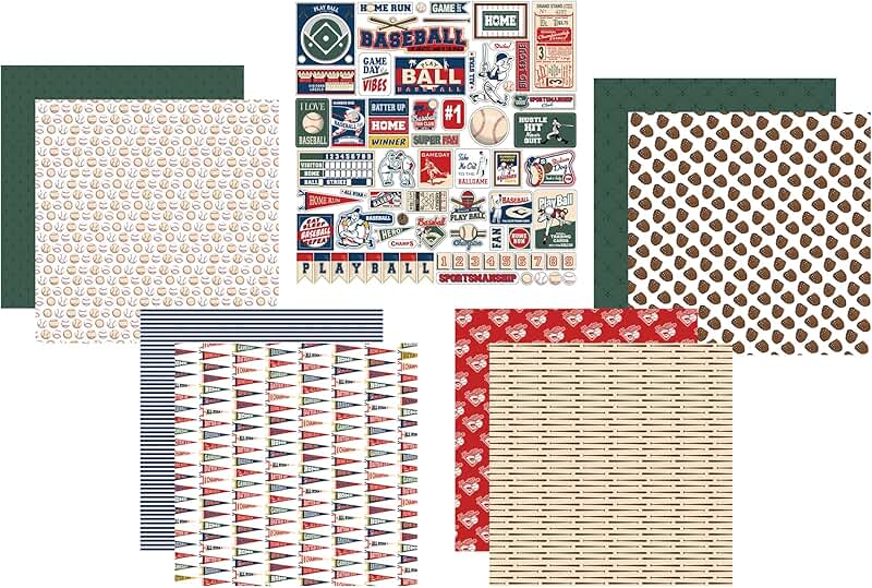 Baseball Scrapbook Paper Set with Field and Player Designs