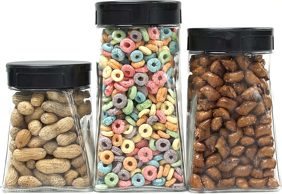 Set of 3 Wide Mouth Glass Storage Jars with Black Lids