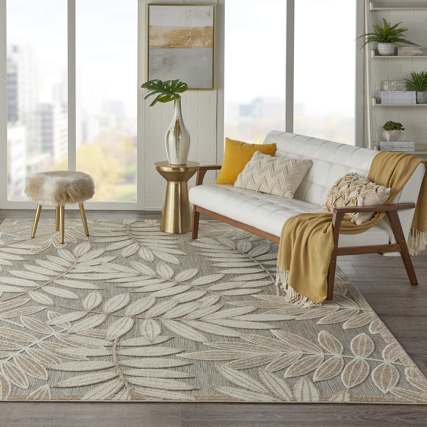 Aloha Indoor/Outdoor Natural 7'10" x 10'6" Area Rug, Tropical, Botanical, Easy Cleaning, Non Shedding, Bed Room, Kitchen, Living Room, Deck, Backyard, 8' x 11')