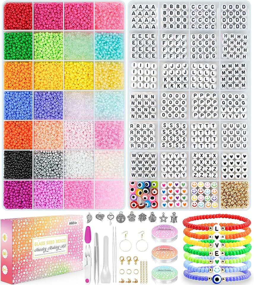 12,000 3mm Seed Beads and 1,000 Letter Beads in 28 Colors