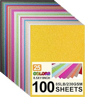 8.5x11 Glitter Cardstock Paper, 100 Sheets, 25 Colors