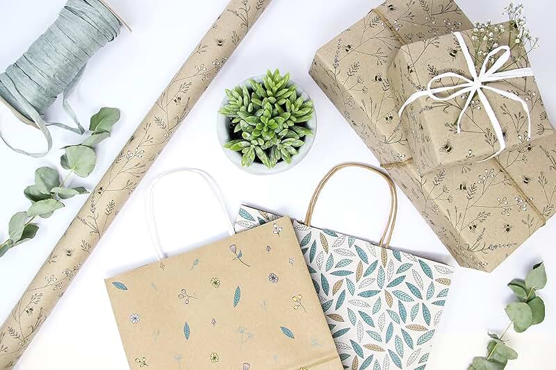 Eco-friendly gift set with wrapping supplies and botanicals