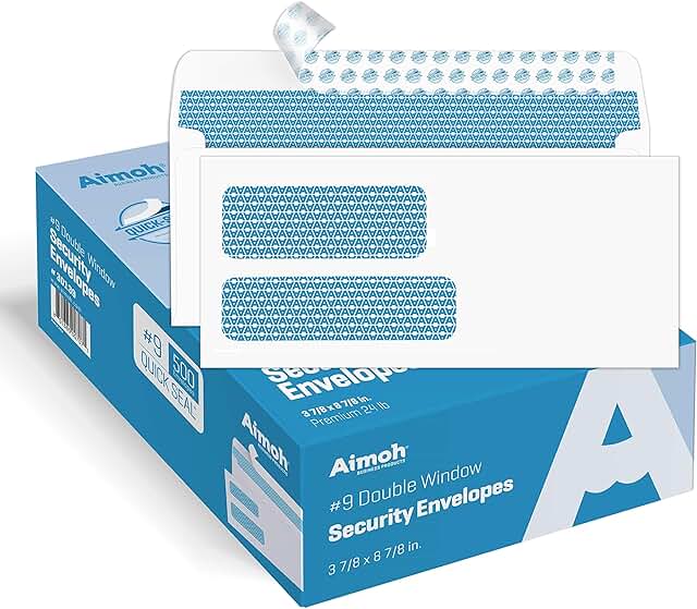 Double Window Security Envelopes, 3-7/8 x 8-7/8, 500 Pack