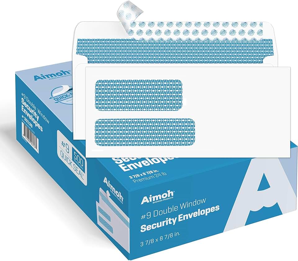 Double Window Security Envelopes, 3-7/8 x 8-7/8, 500 Pack
