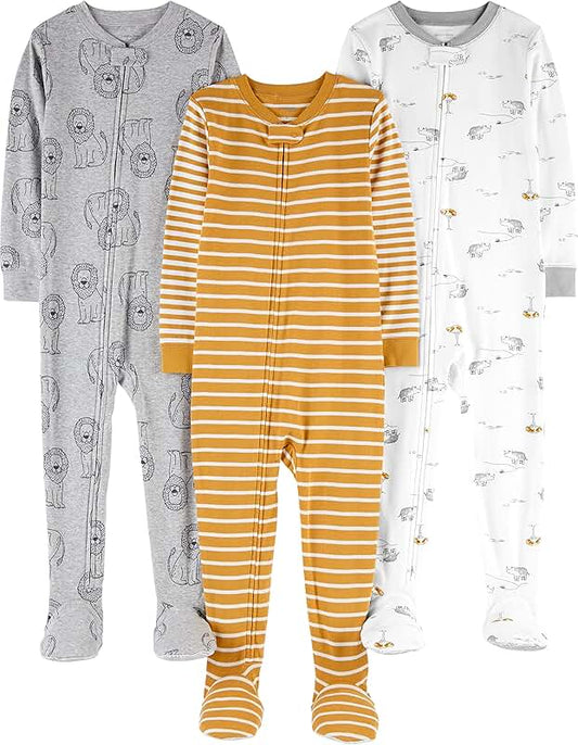 Three pairs of snug-fit cotton pajamas for toddlers and baby boys