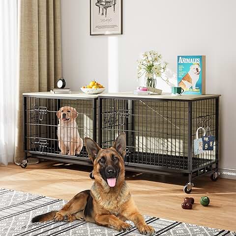 Wooden Dog Crate with Wheels and Double Doors