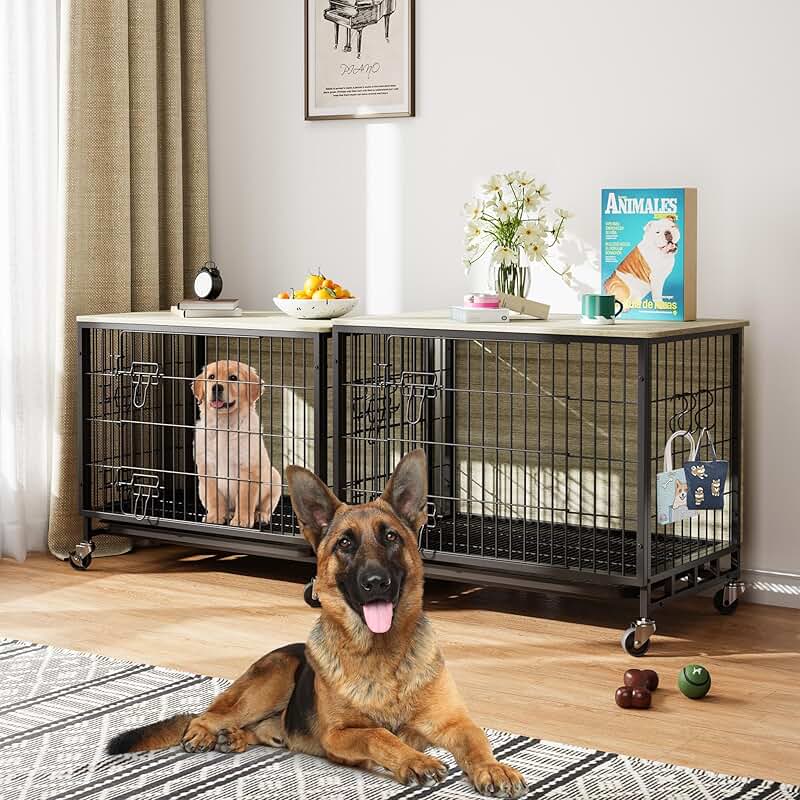 Wooden Dog Crate with Wheels and Double Doors
