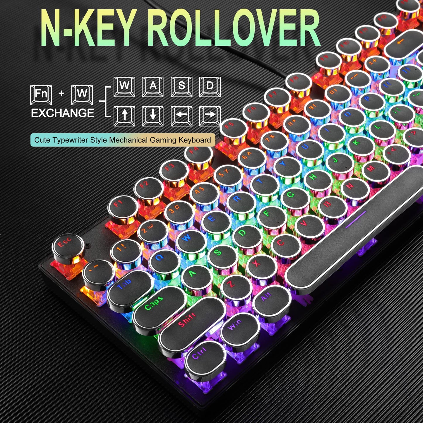 Typewriter Style Mechanical Gaming Keyboard, Black Retro Punk Gaming Keyboard with RGB Backlit, 104 Keys Blue Switch Wired Cute Keyboard, Round Keycaps for Windows/Mac/PC