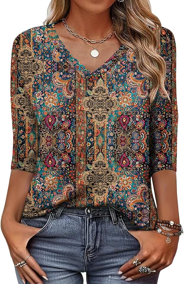 Women's 3/4 Sleeve V-Neck Casual Tunic Top
