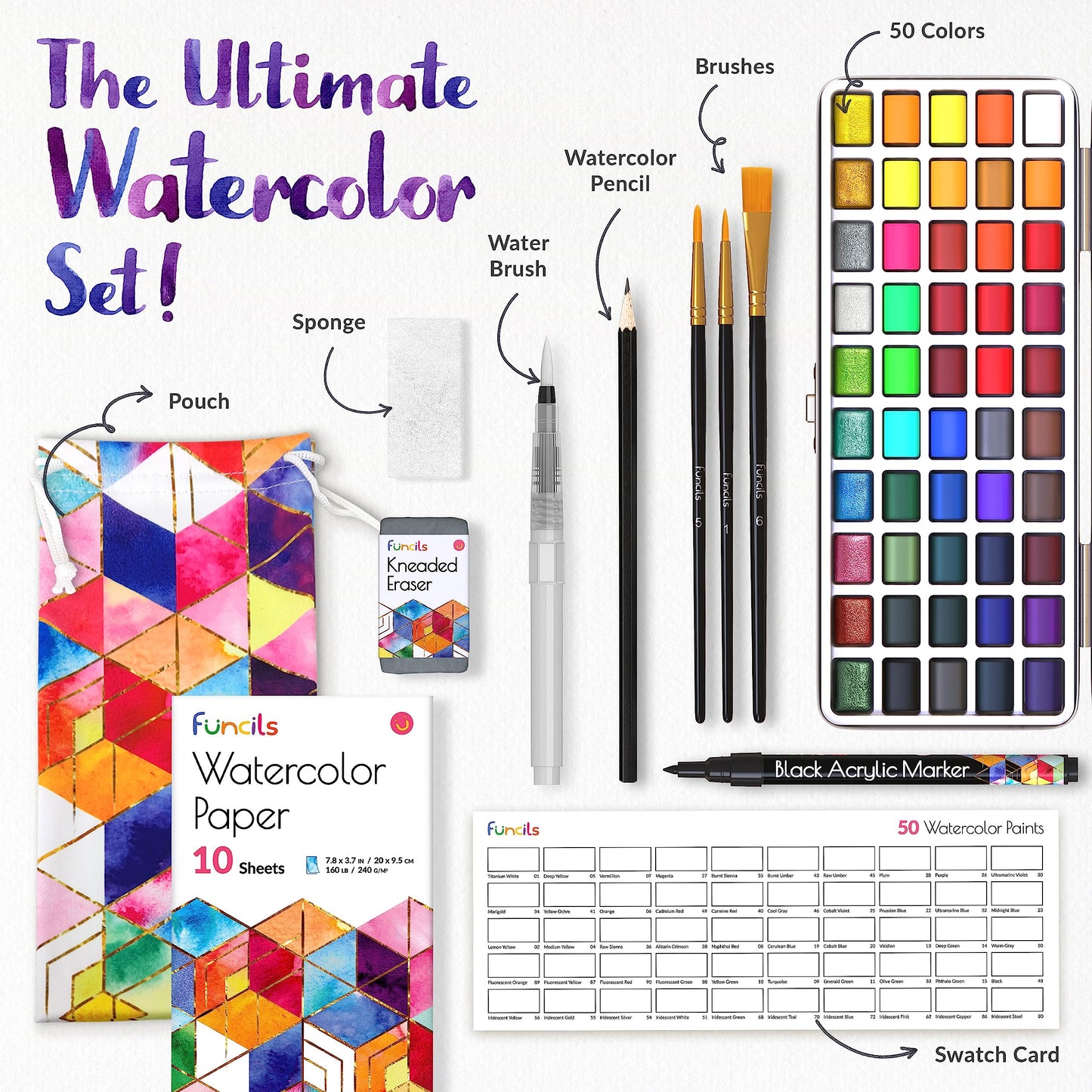 50-Pan Watercolor Paint Set with Paper and Brushes