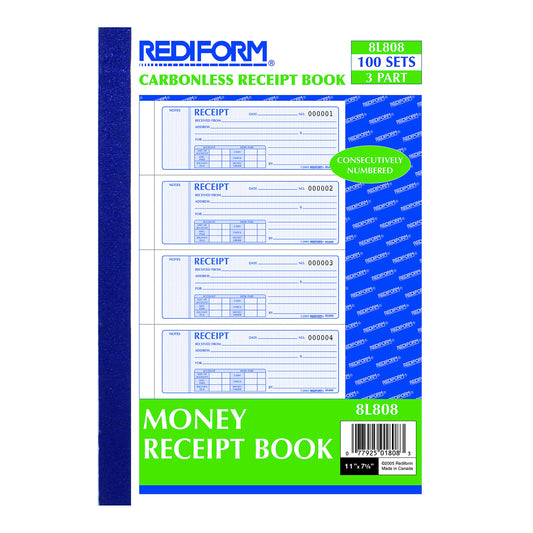 Money Receipt Book with Carbonless Forms, 11" x 8"