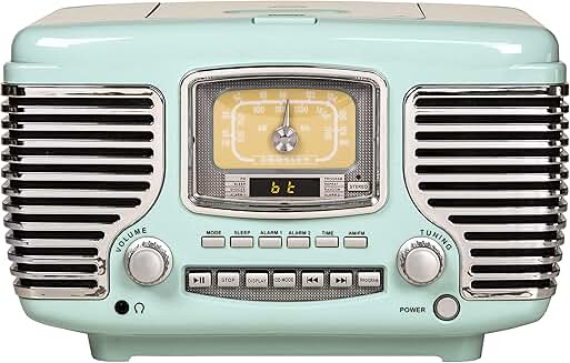 Aqua Blue Tabletop AM/FM Bluetooth Radio with CD and Dual Alarm