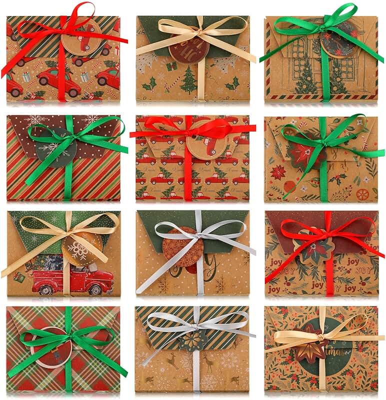 60 Christmas Card Boxes with Ribbon and Tags