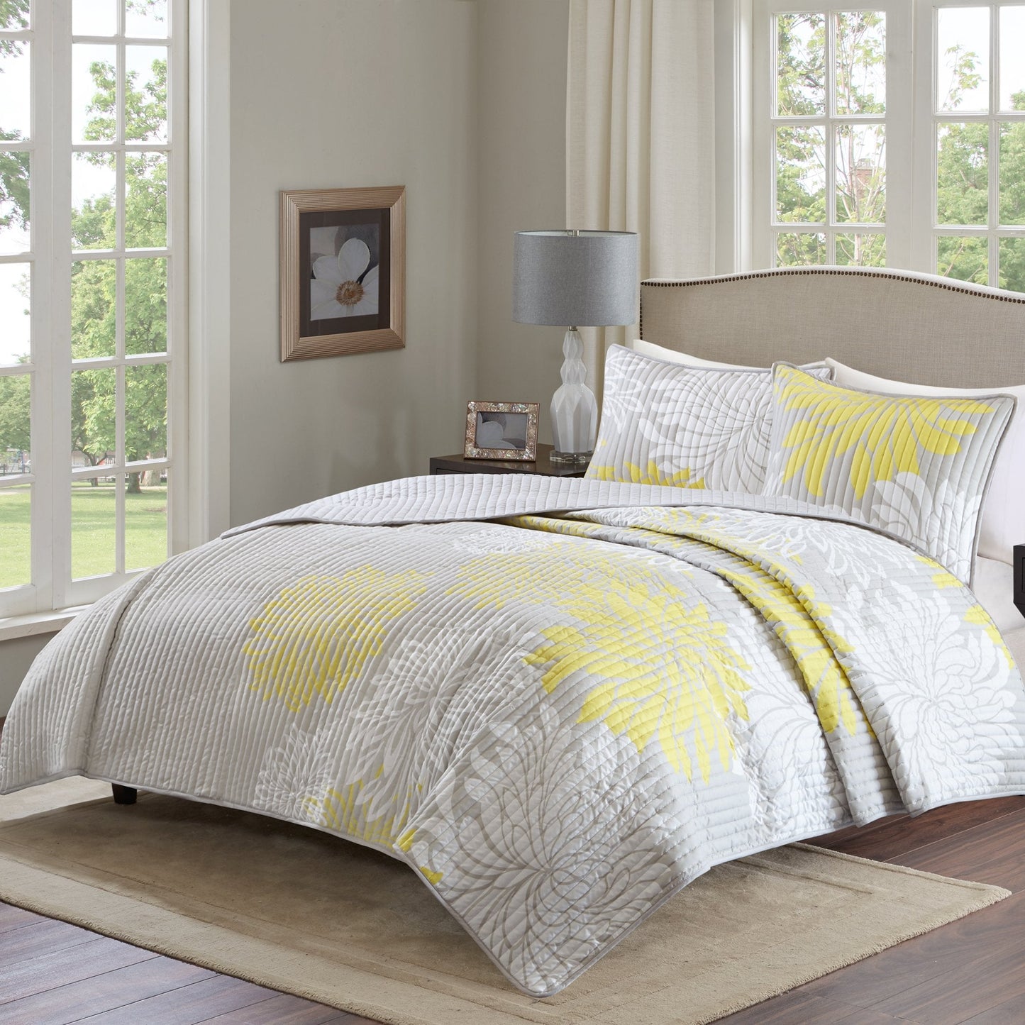 Enya Quilt Set  Casual Floral Print Channel Stitching Design, All Season, Lightweight Coverlet, Cozy Bedding, Matching Shams, Decorative Pillows, Full/Queen(90"x90"), Yellow 3 Piece