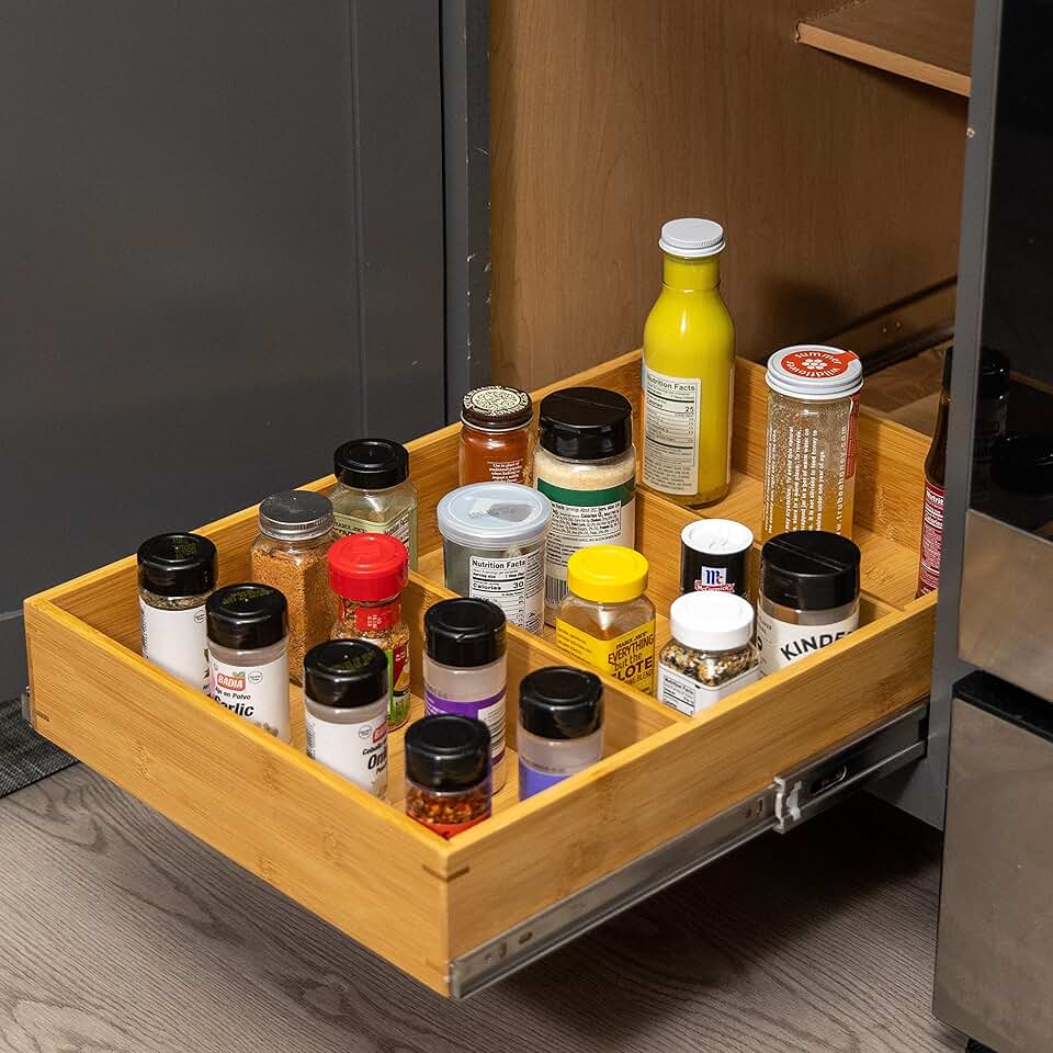 Pull Out Bamboo Cabinet Drawer Organizer for Kitchen and Pantry
