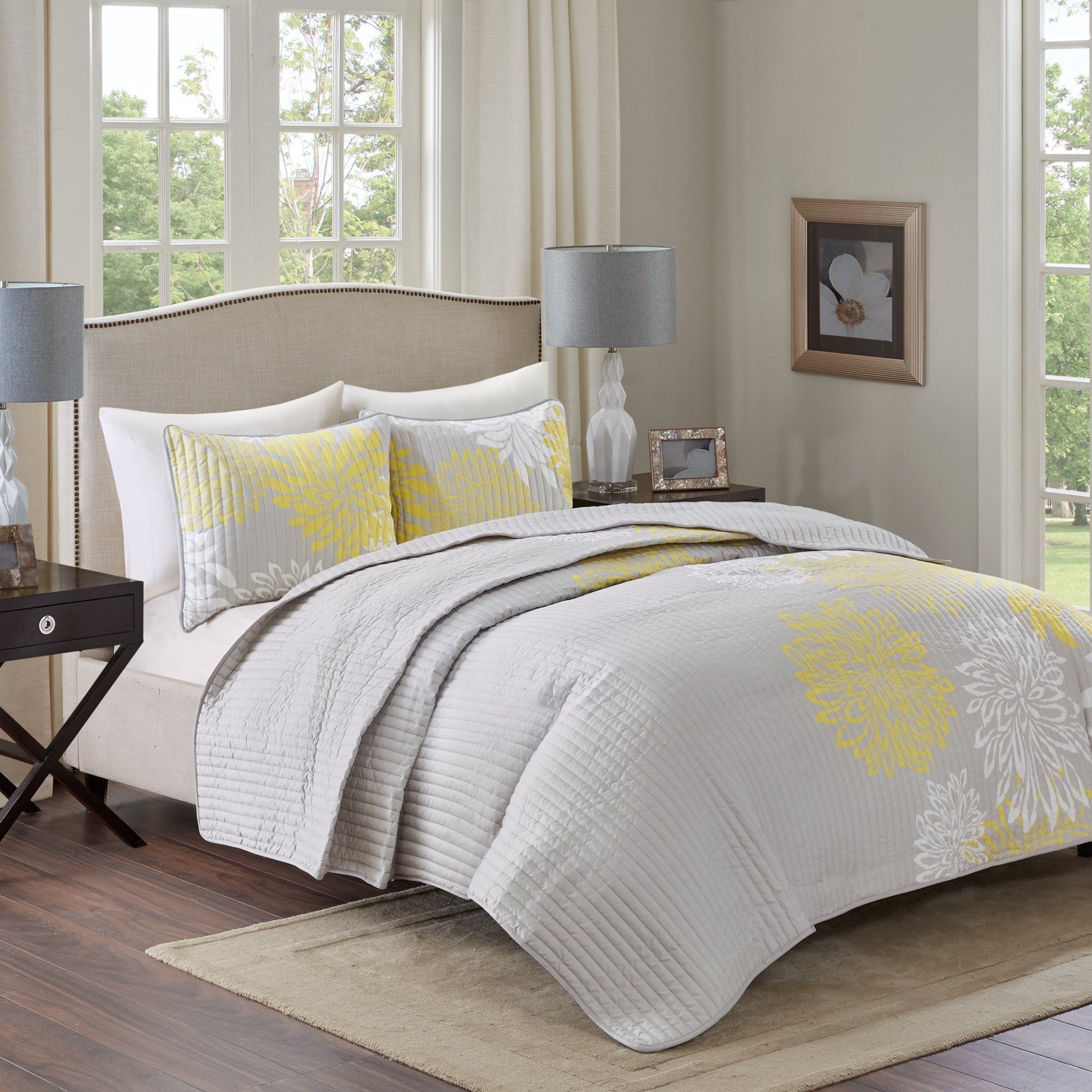 Enya Quilt Set  Casual Floral Print Channel Stitching Design, All Season, Lightweight Coverlet, Cozy Bedding, Matching Shams, Decorative Pillows, Full/Queen(90"x90"), Yellow 3 Piece