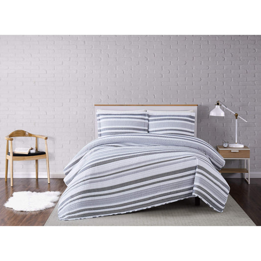 Truly Soft Curtis Stripe Quilt Set, Twin XL, White/Grey