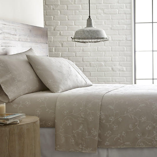 Southshore Linens  BRITEYARN  Sweetbrier Print  300 Thread Count 100% Cotton Extra Deep Pocket Sheet Set, Soft Sand with White Flowers, Full