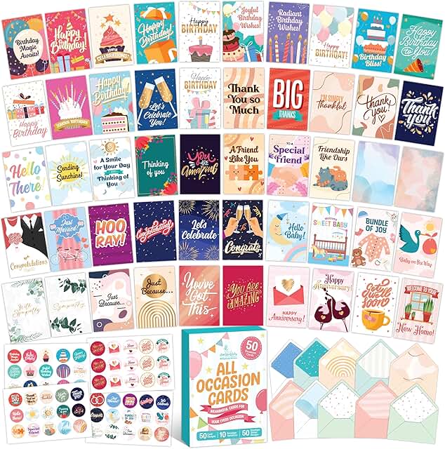 50 Gold Foiled Glitter All Occasion Greeting Cards with Envelopes