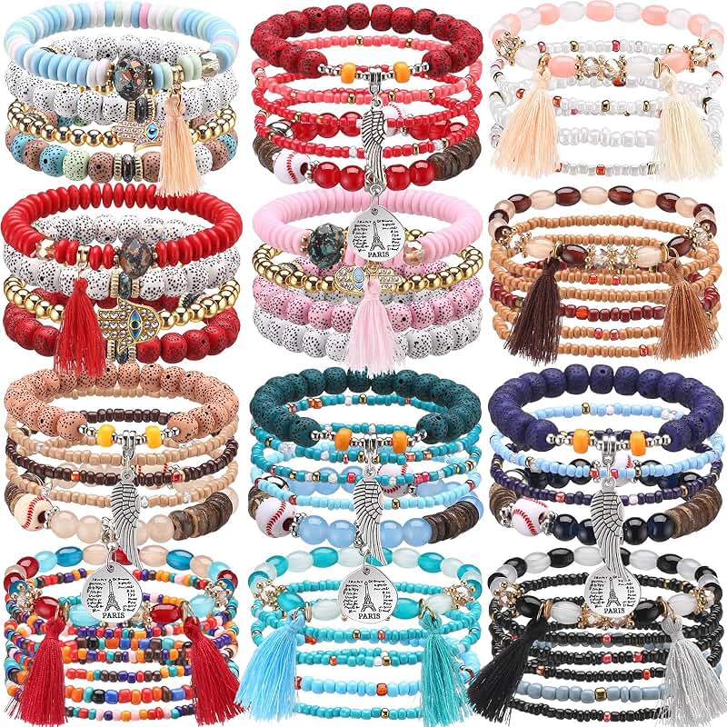 12-Set Multi-Color Boho Beaded Bracelets for Women