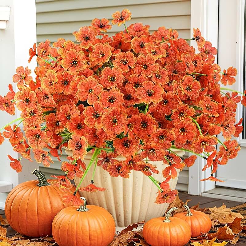 Artificial fall flowers for outdoor decor, orange, 12 bundles
