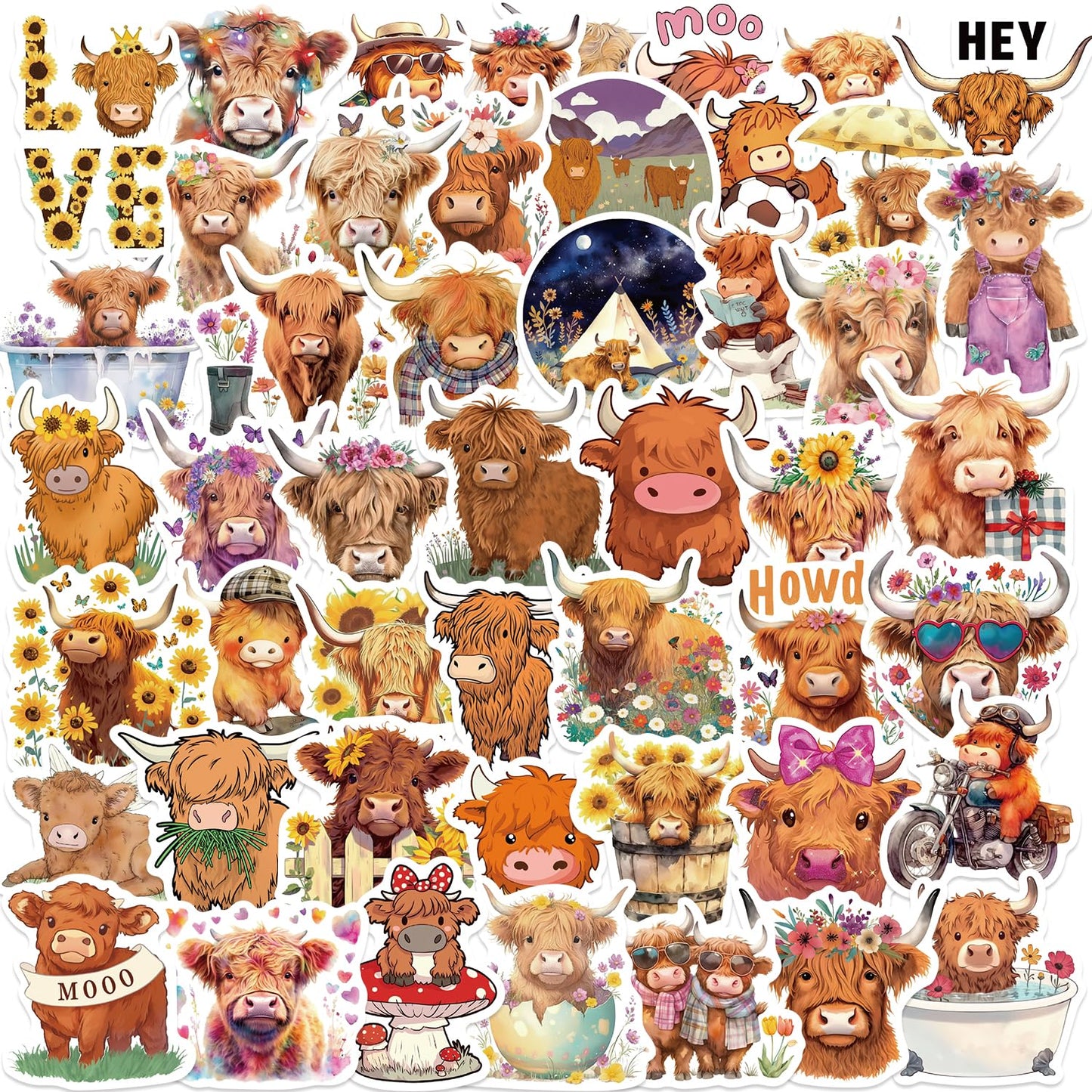 50 Pack Highland Cow Cartoon Animal Waterproof Stickers