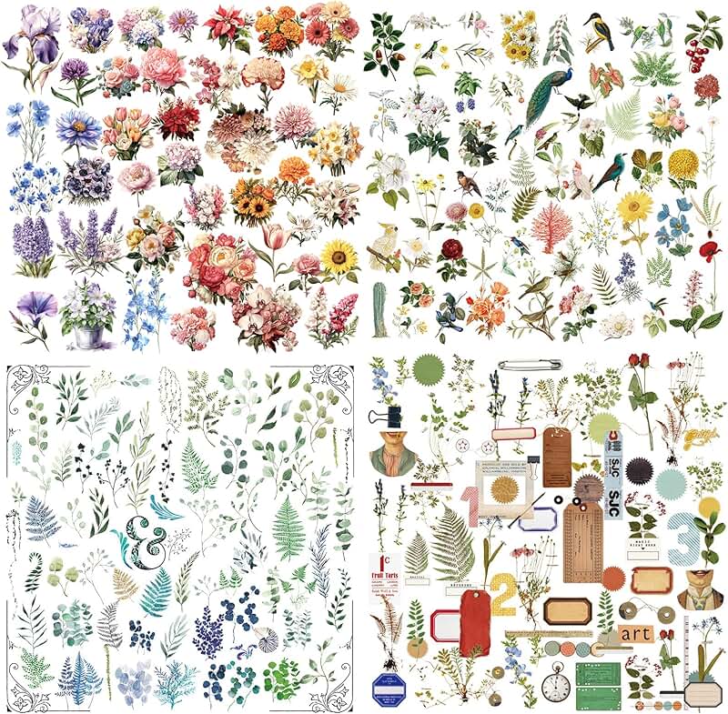 Vintage Junk Journal Plant Art Stickers Set