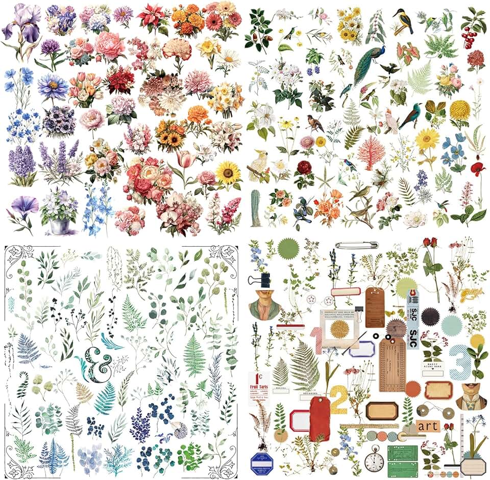 Vintage Junk Journal Plant Art Stickers Set