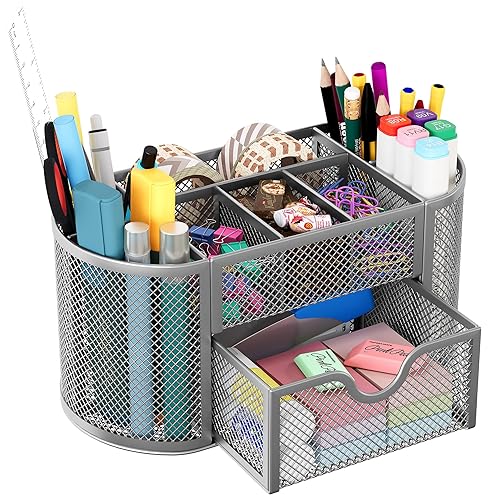 Mesh Pen Holder with Drawer and Compartments