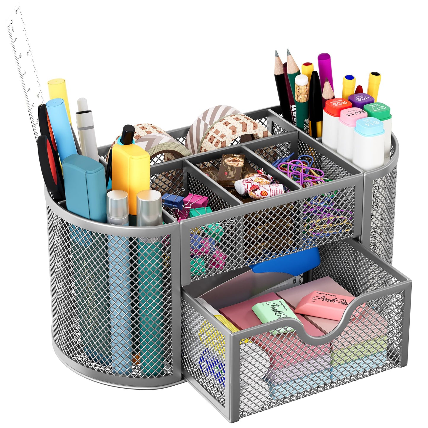 Mesh Pen Holder with Drawer and Compartments