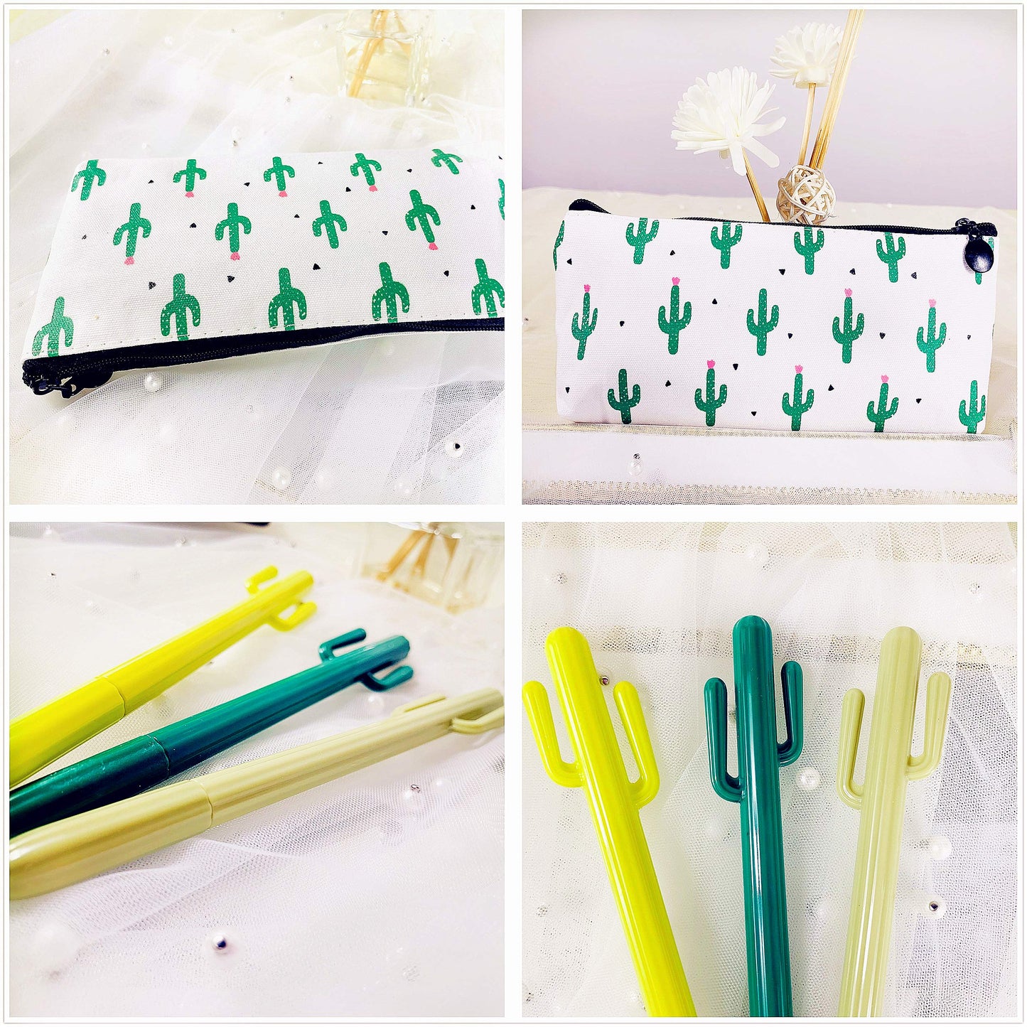 19 Cactus Ballpoint Pens with Pouch and Notes Stickers