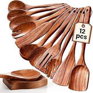 12-Piece Natural Wooden Cooking Spoons Set