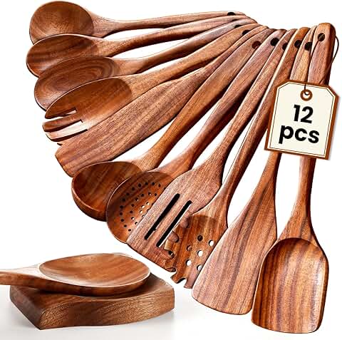 12-Piece Natural Wooden Cooking Spoons Set