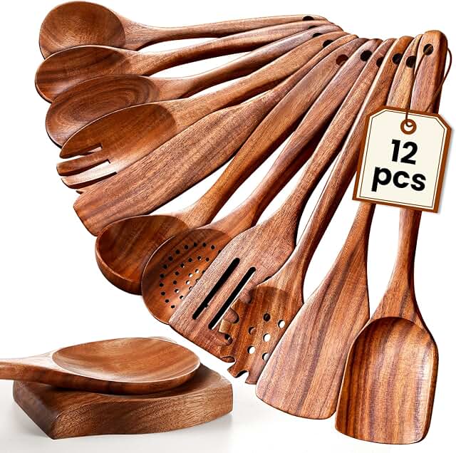 12-Piece Natural Wooden Cooking Spoons Set
