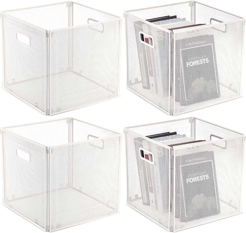 Set of 4 foldable metal storage baskets, 13x13, white