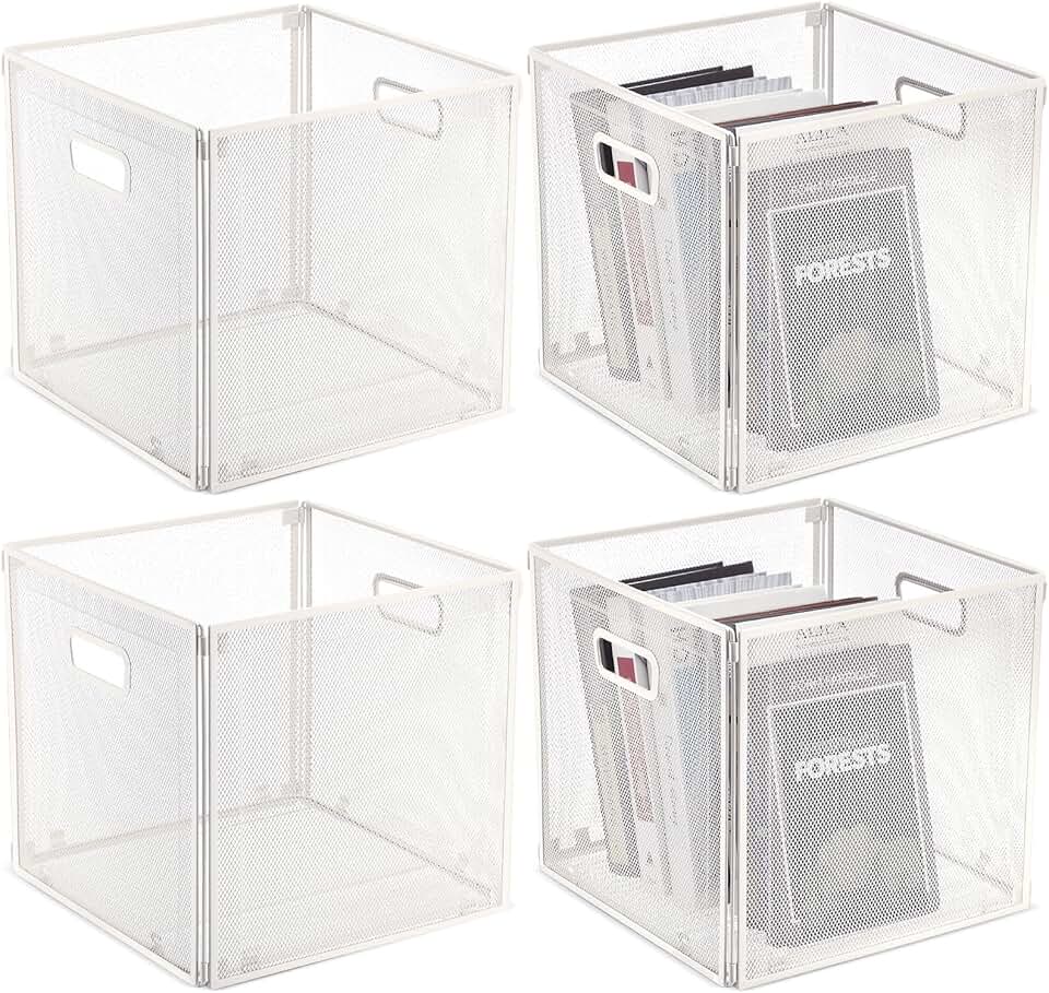 Set of 4 foldable metal storage baskets, 13x13, white